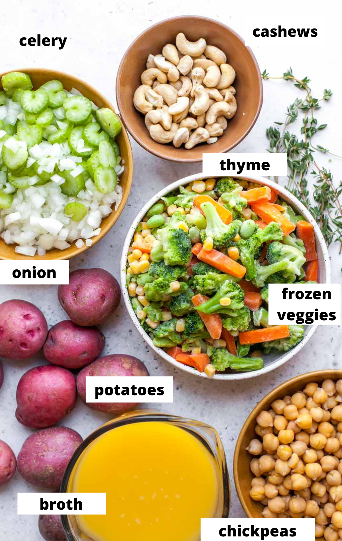 Recipe ingredients in separate bowls on a white surface with labels.