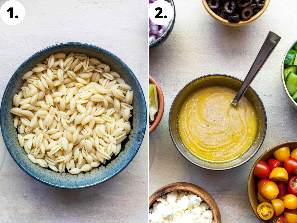 Pasta being cooked and Greek dressing being poured in a bowl.