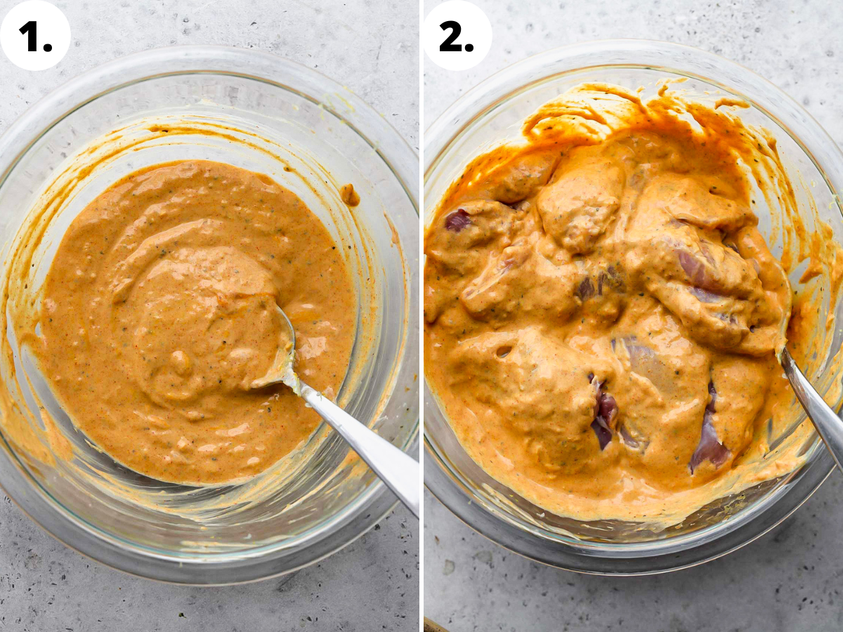 Yogurt marinade being mixed in a bowl, and raw chicken being added to it.