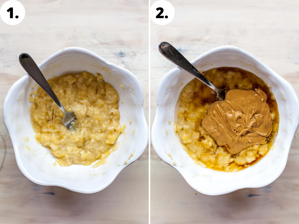 Banana being mashed and mixed with peanut butter and maple syrup in a white bowl.