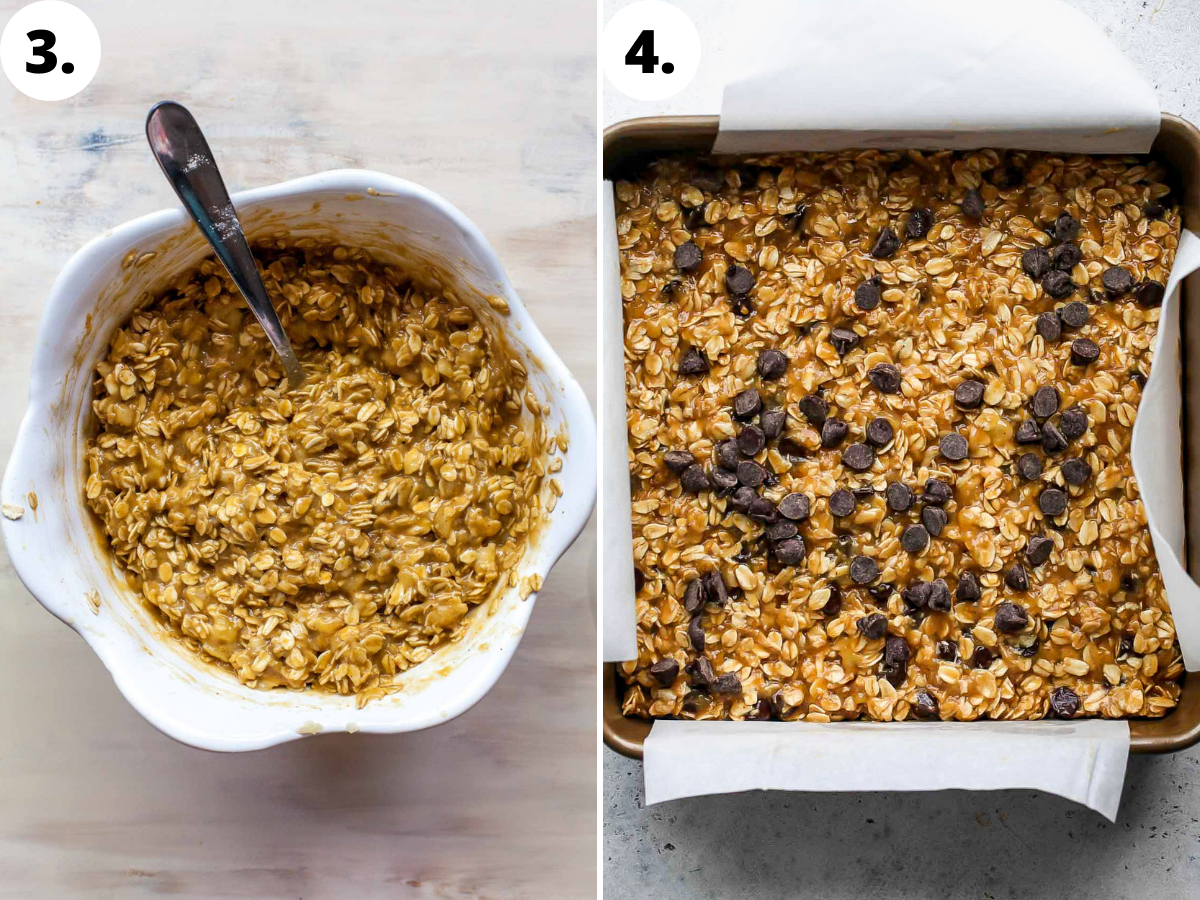Chocolate chips being stirred into oat mixture and emptied into an 8x8 inch baking pan.
