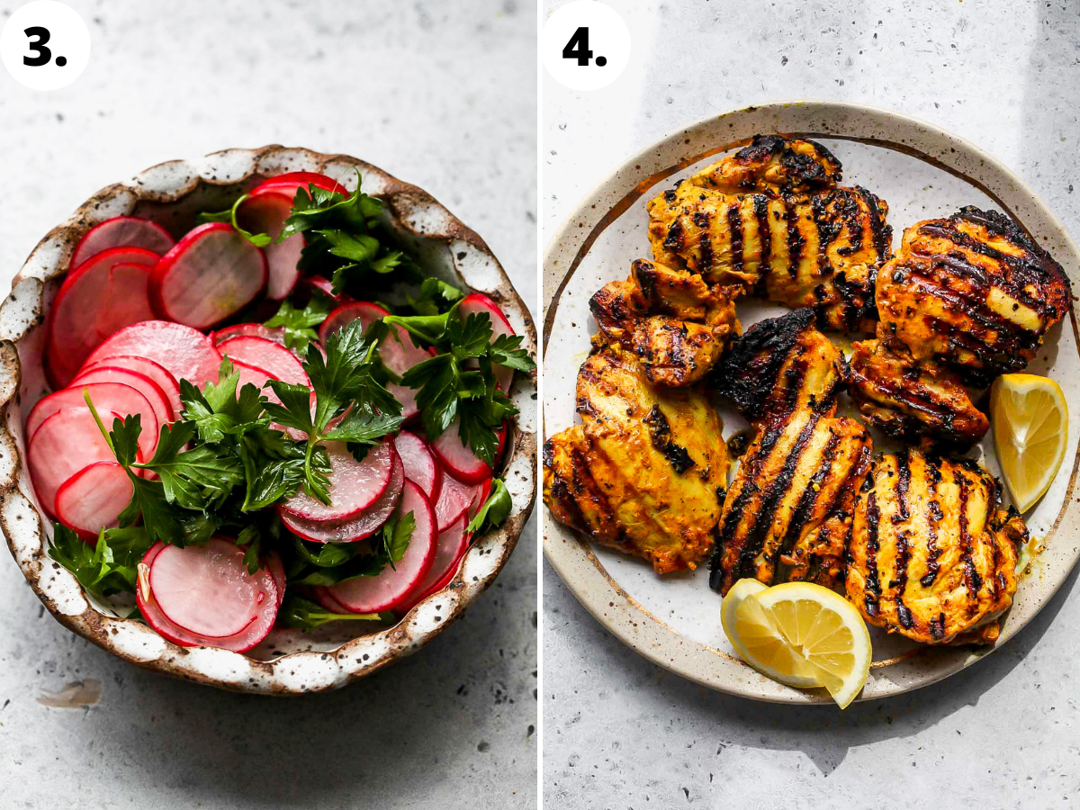 Radish salad being mixed in a small white bowl, and chicken being grilled until char marks appear.