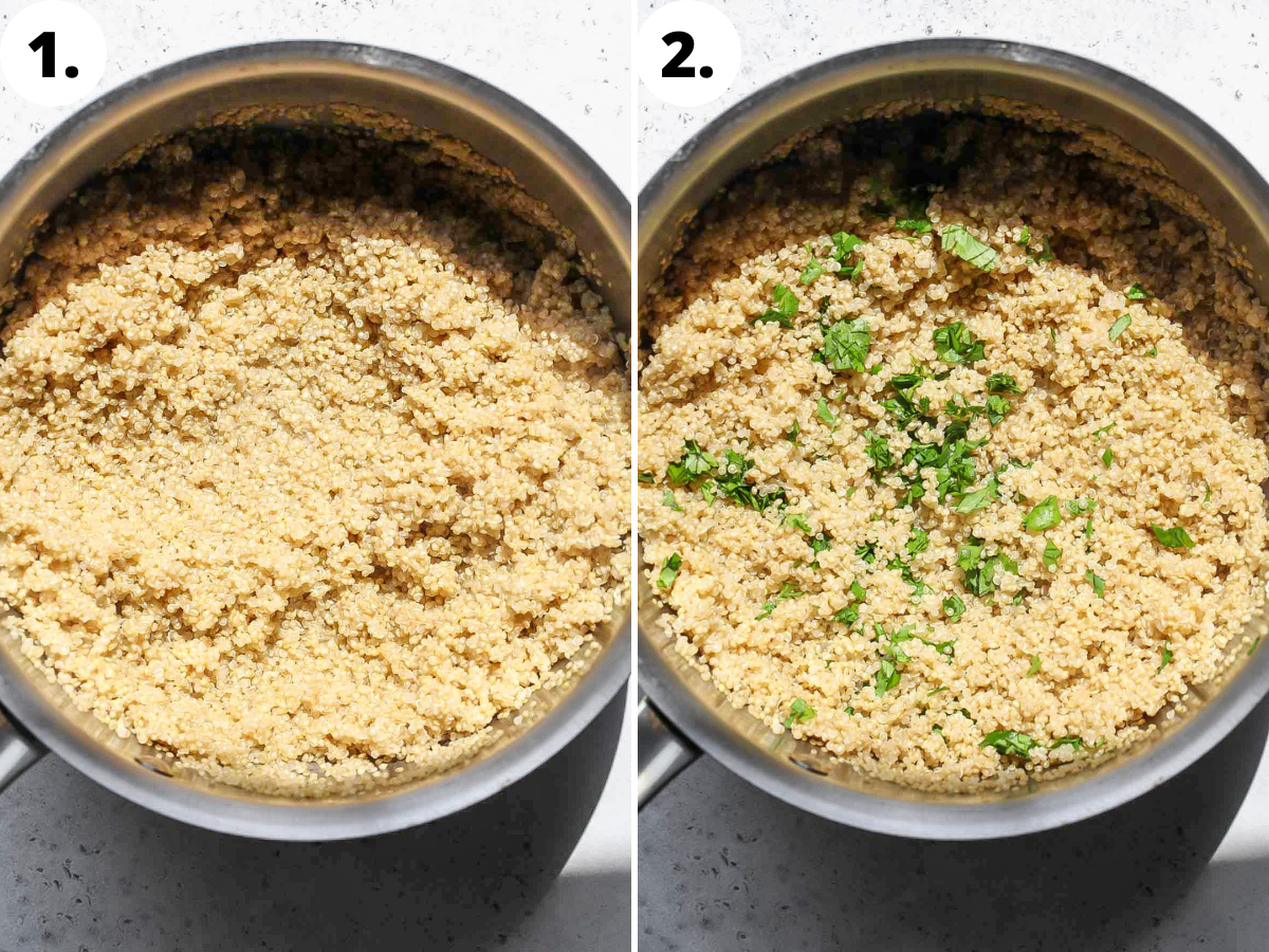 Cilantro and lime juice stirred into a pot of cooked quinoa.
