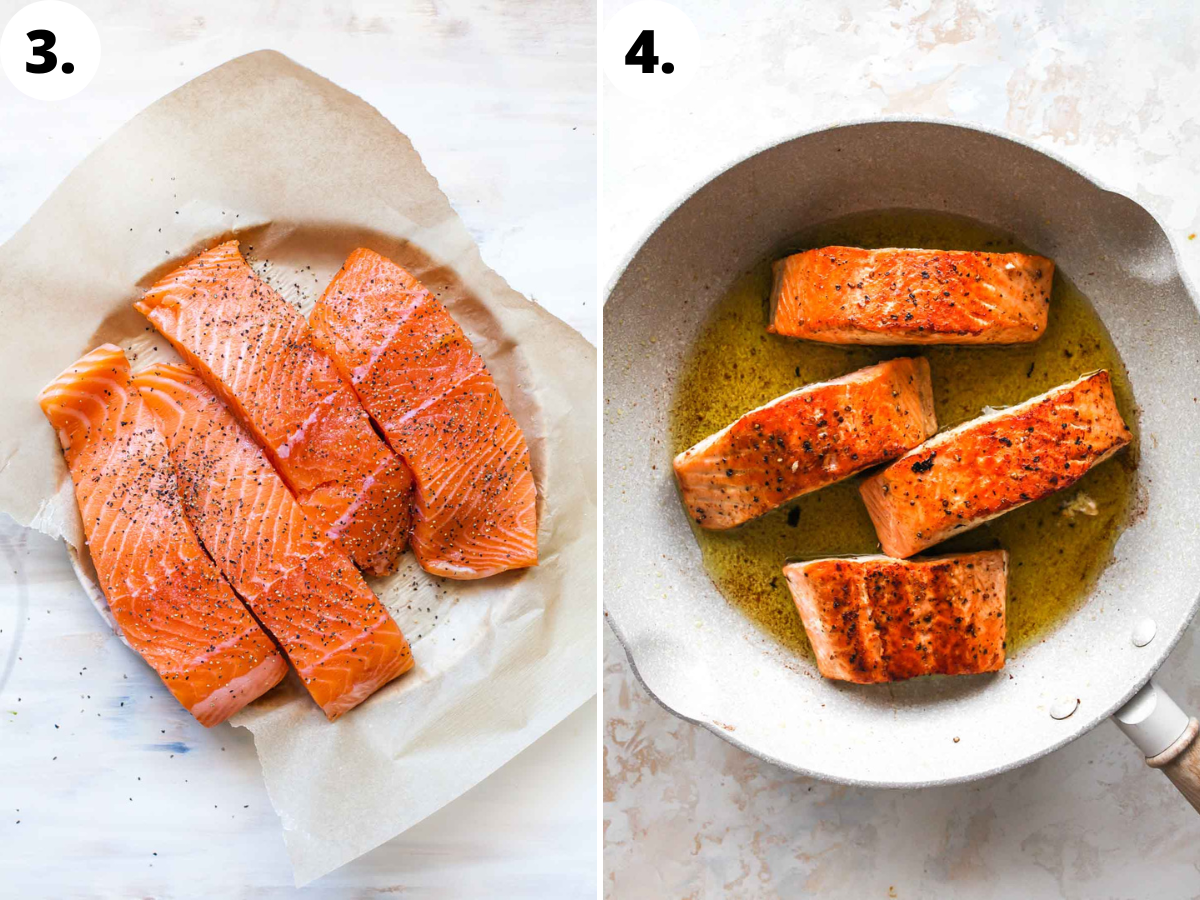 Salmon fillets being seasoned with salt and pepper, and pan-seared until crispy.