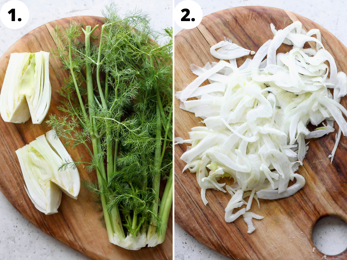 A bulb of fennel being sliced and shaved until thin on a cutting board.
