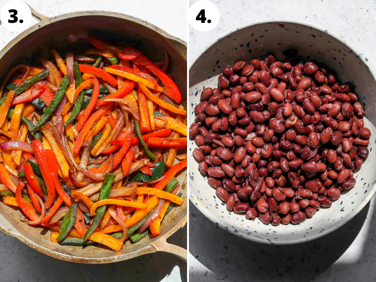 Peppers and onions being sauteed in a skillet, and a bowl of black beans being seasoned with spices.