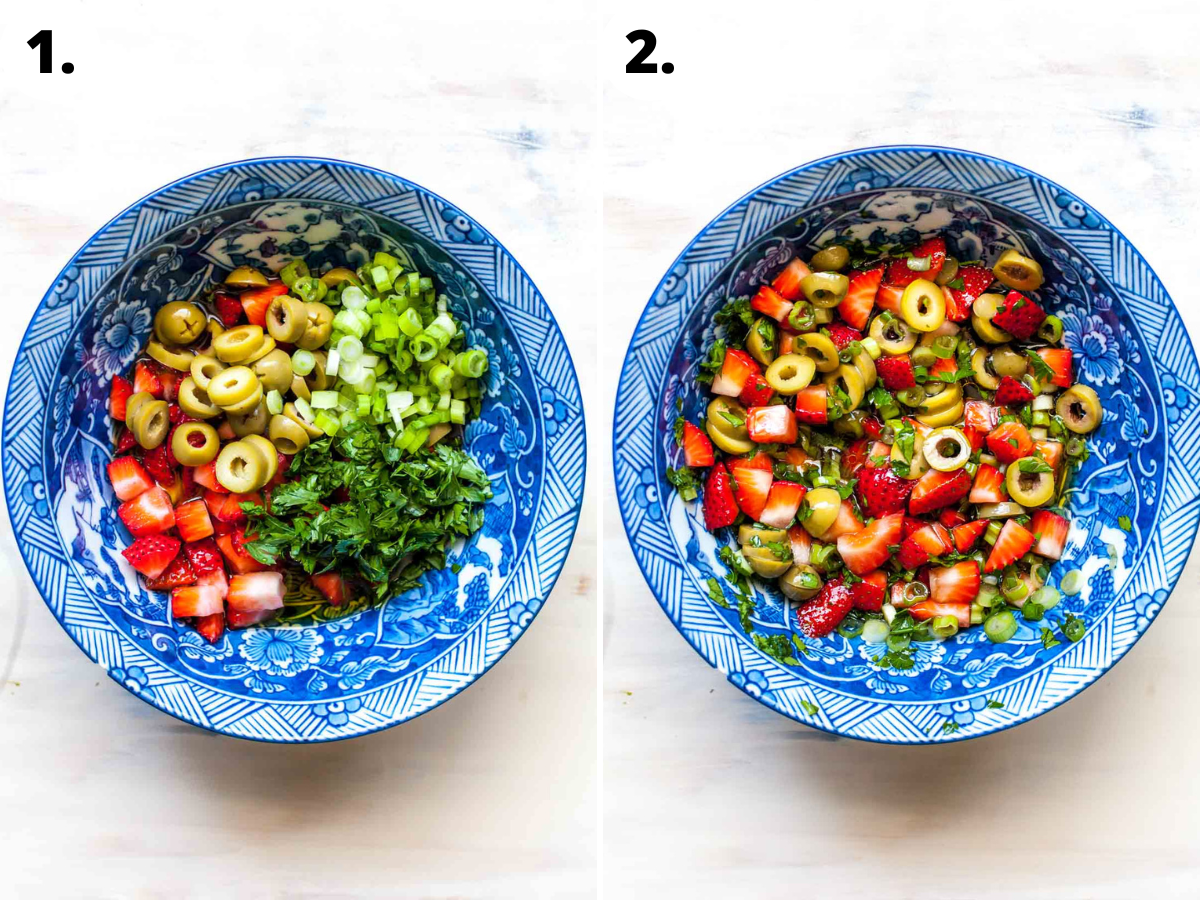 Strawberry tapenade being mixed in a blue and white floral bowl.