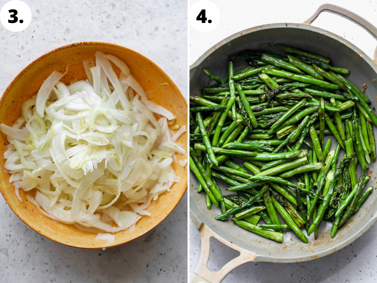 Asparagus being sautéed in a large tan skillet.