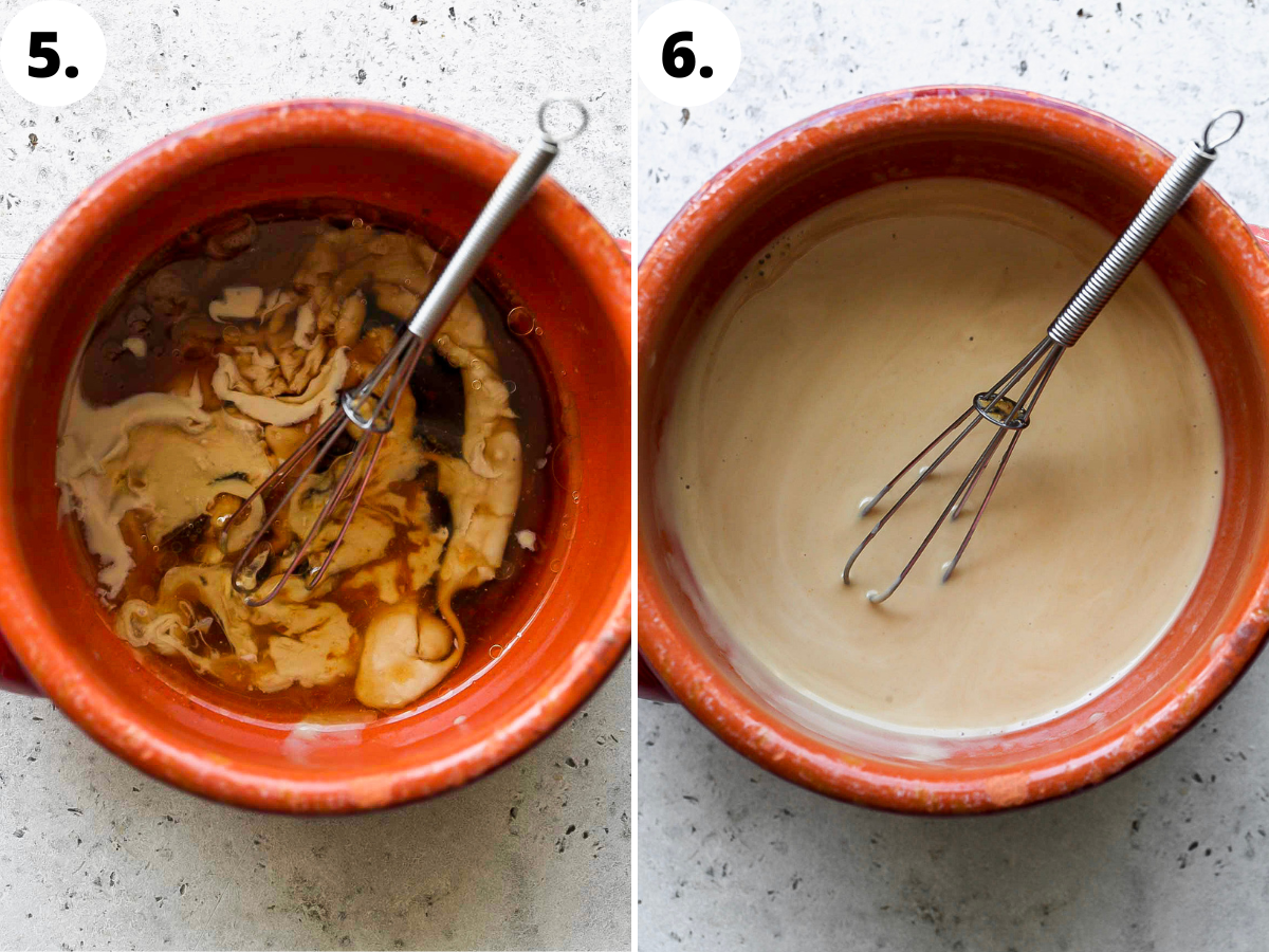 Sesame dressing being whisked until smooth in a red bowl.