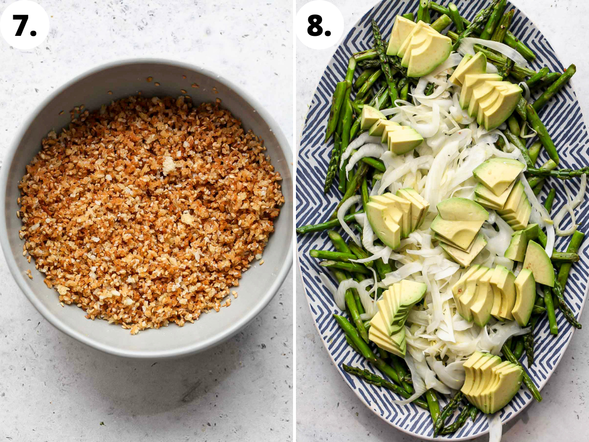 Toasted breadcrumbs in a bowl, and salad being assembled on a blue and white platter.