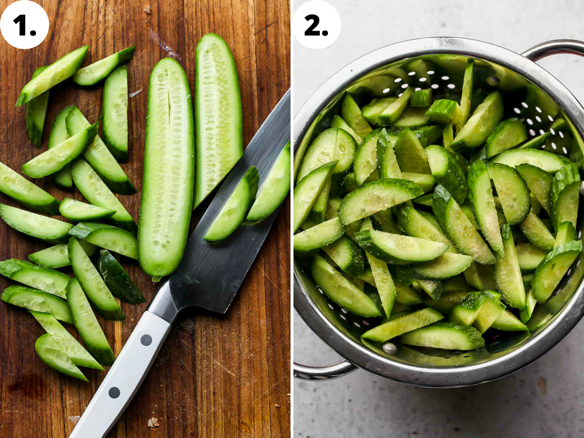 Persian cucumbers being chopped on a cutting board and coasted in salt.