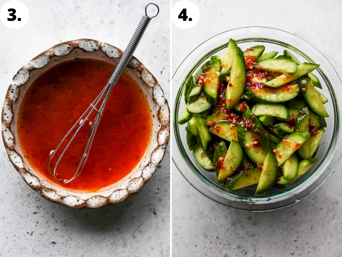 Dressing being whisked and poured over cucumbers in a bowl.
