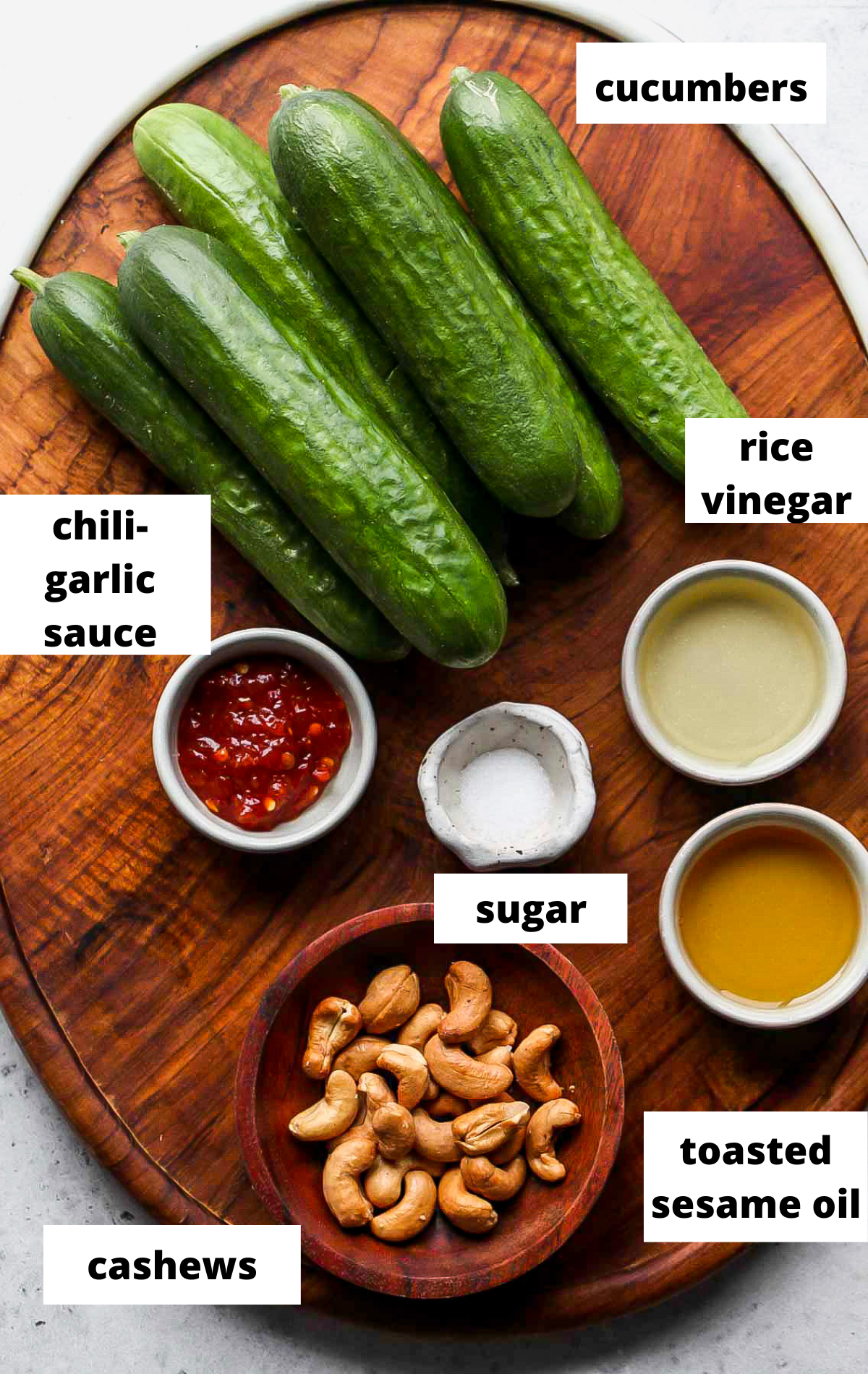 Recipe ingredients in separate bowls with labels.