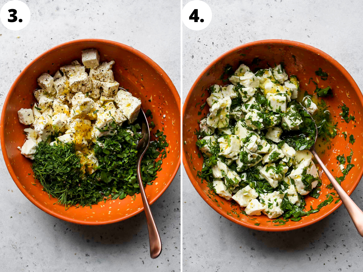 Marinated feta being mixed in an orange bowl.