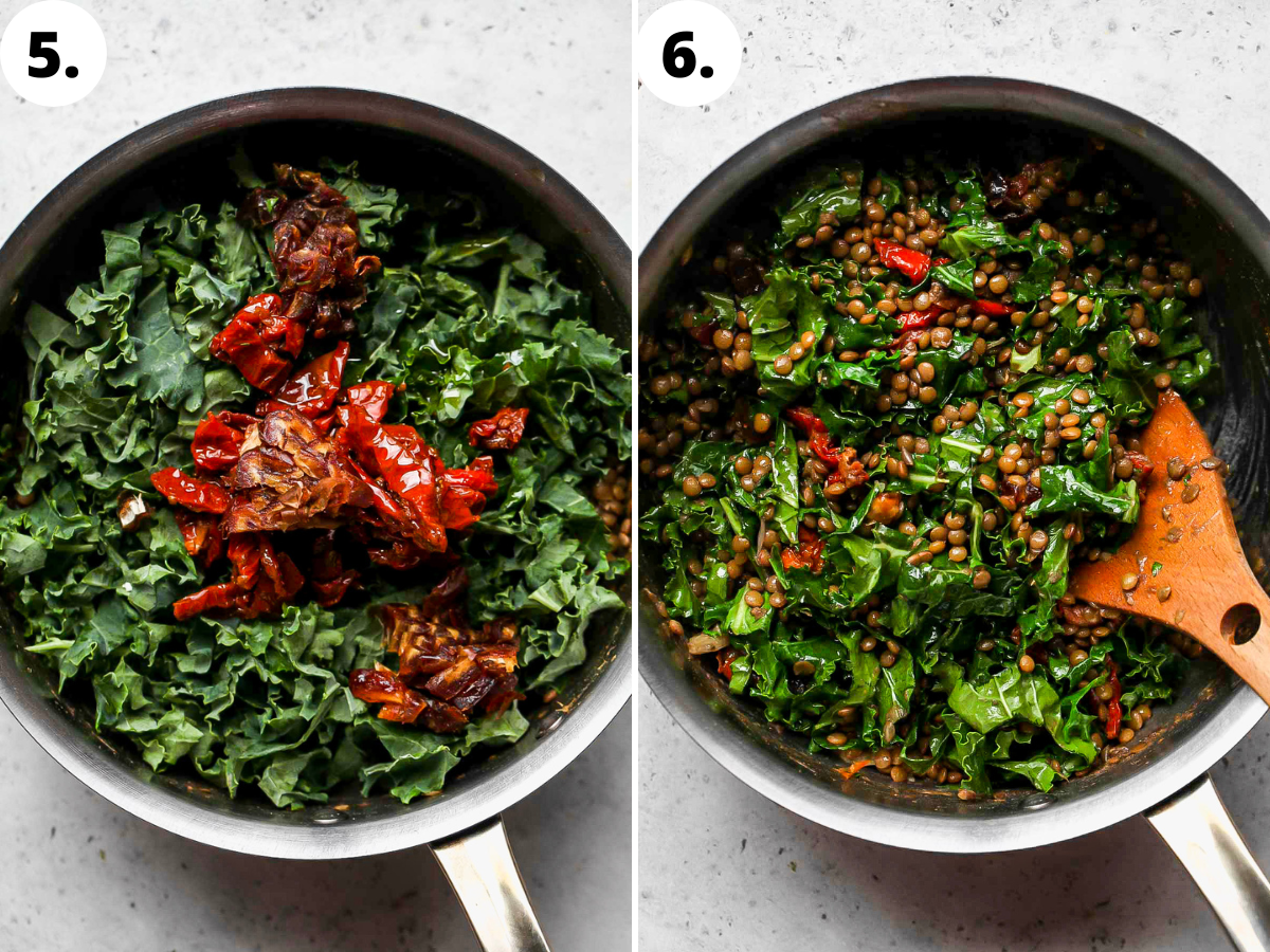 Kale and sun-dried tomatoes being mixed into a pot of lentils.