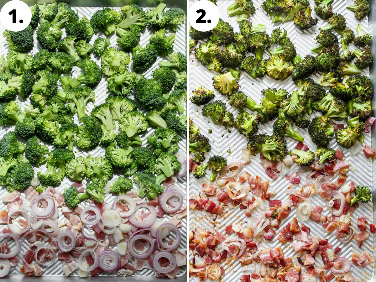 Broccoli, shallots, and bacon being roasted on a large rimmed baking sheet.