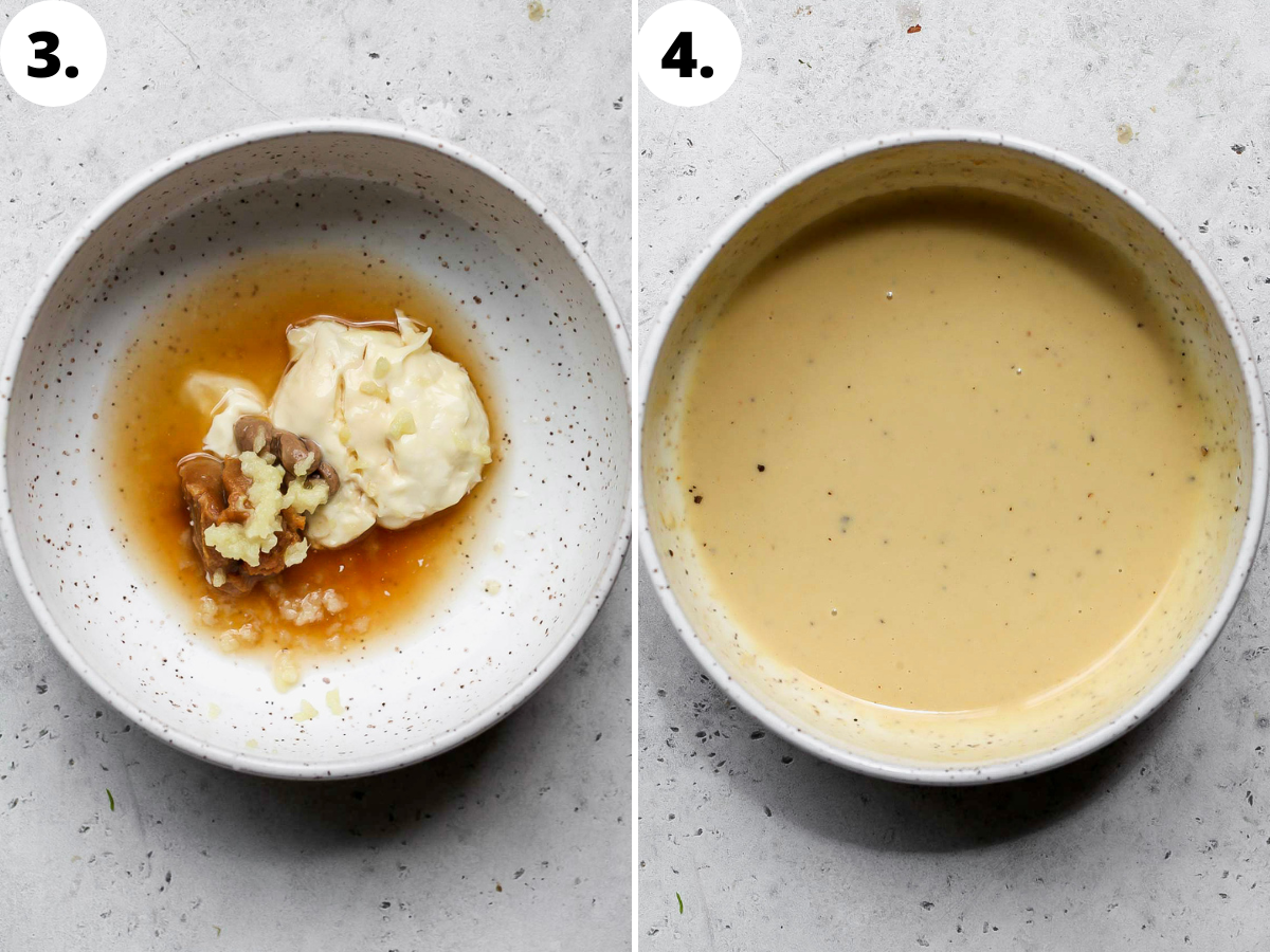 Miso-Caesar dressing being whisked until smooth in a white bowl.