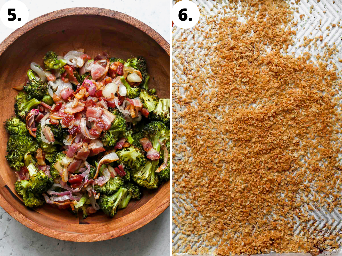 Broccoli and bacon being transferred to a bowl, and panko being roasted on sheet pan until golden.