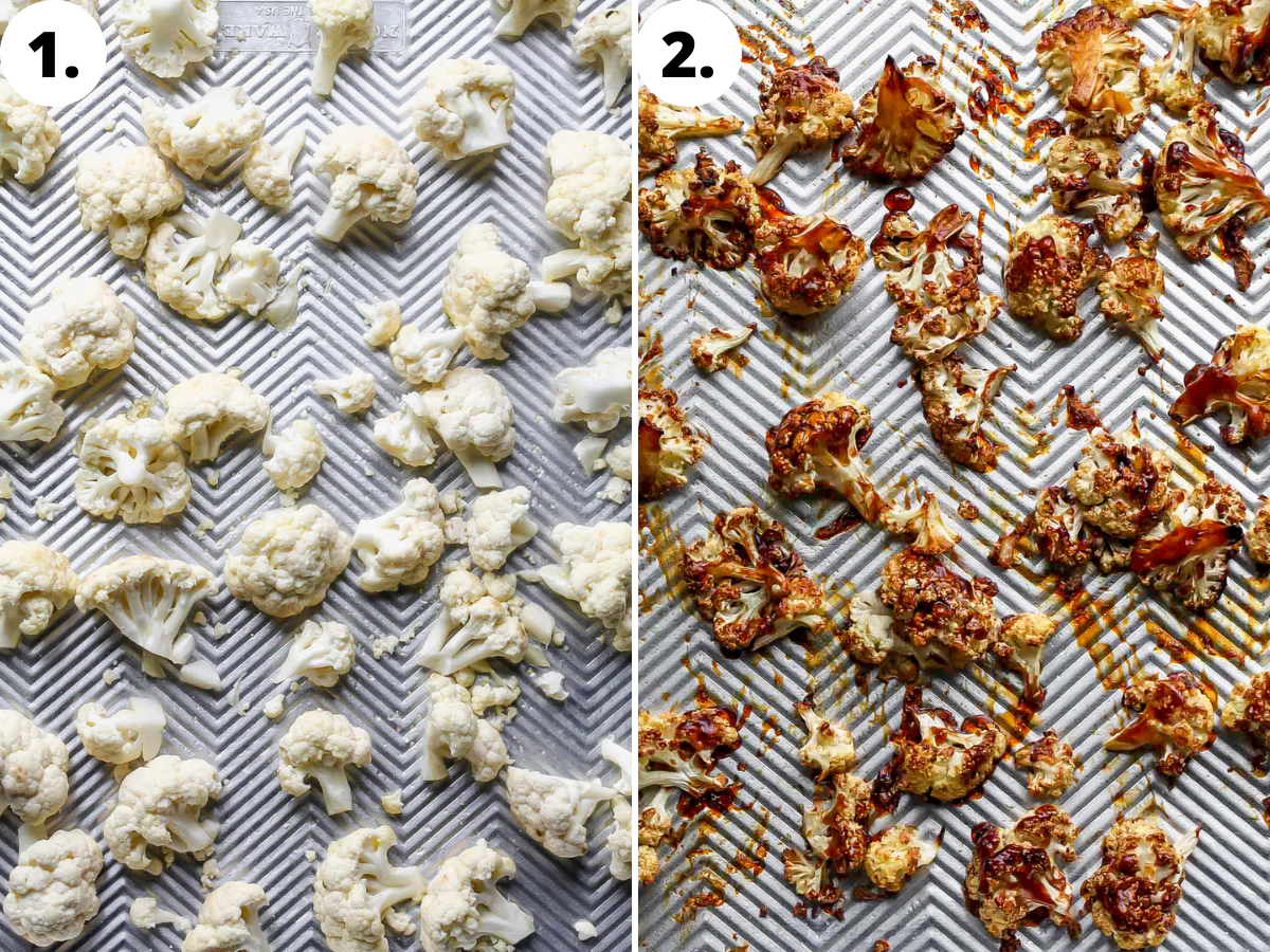 Cauliflower florets on a rimmed baking sheet.