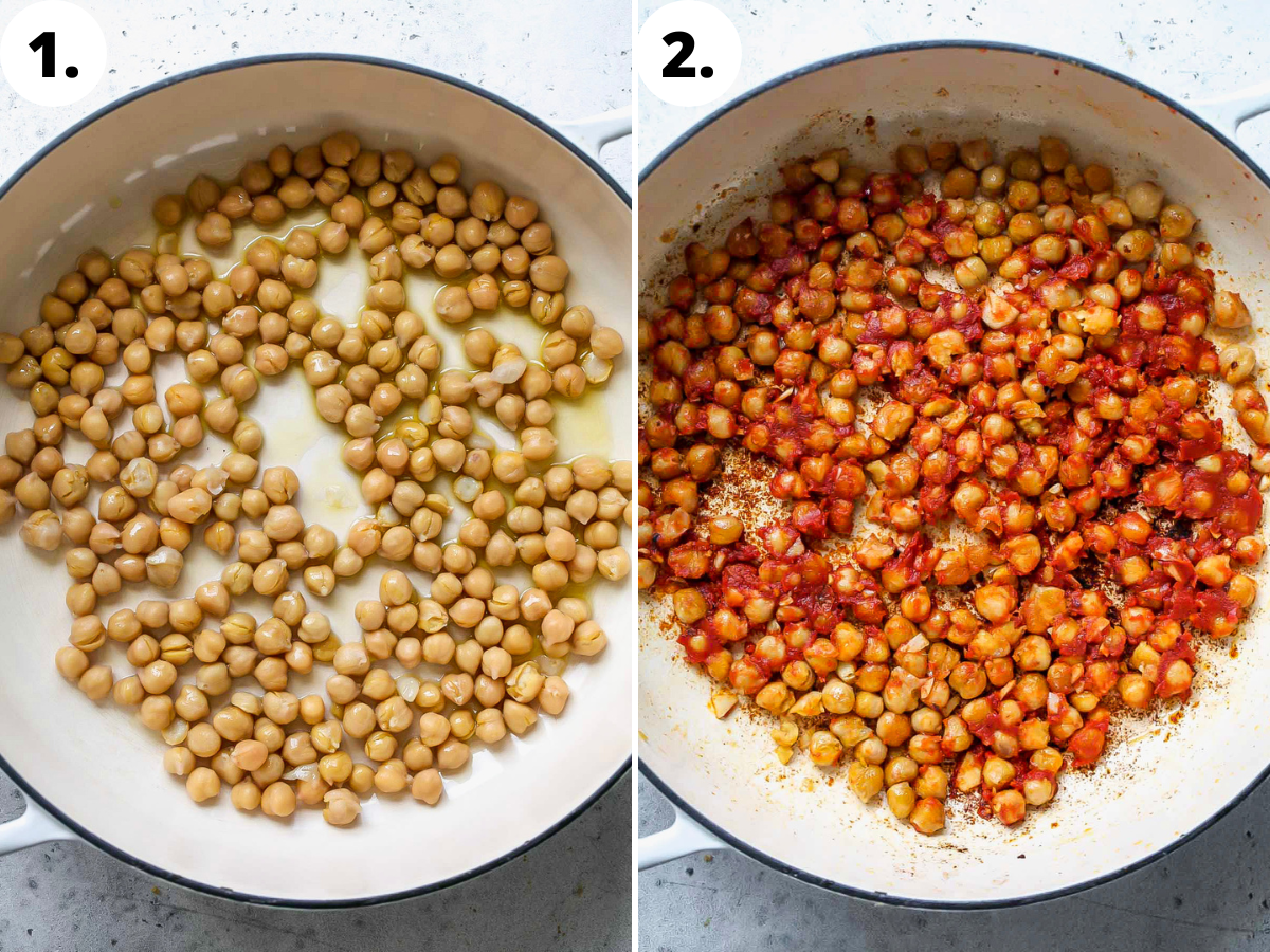 Chickpeas, tomato paste, spices, and garlic being sautéed in a white skillet.