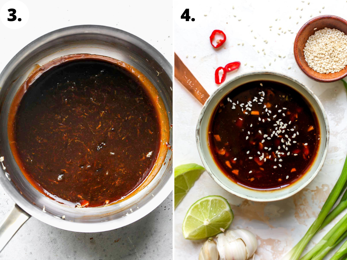 Teriyaki sauce being simmered in a pot and poured into a bowl.