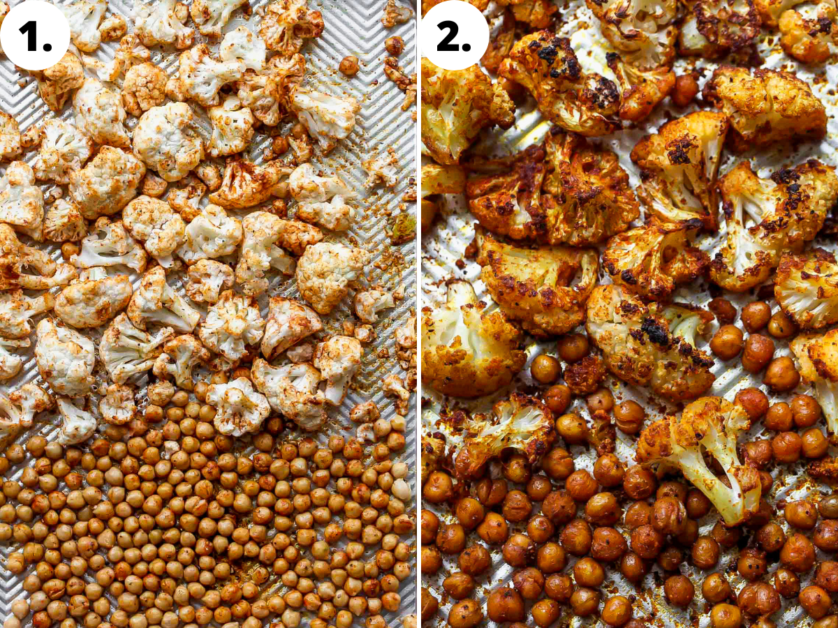 Cauliflower and chickpeas being seasoned and roasted on a large baking sheet.