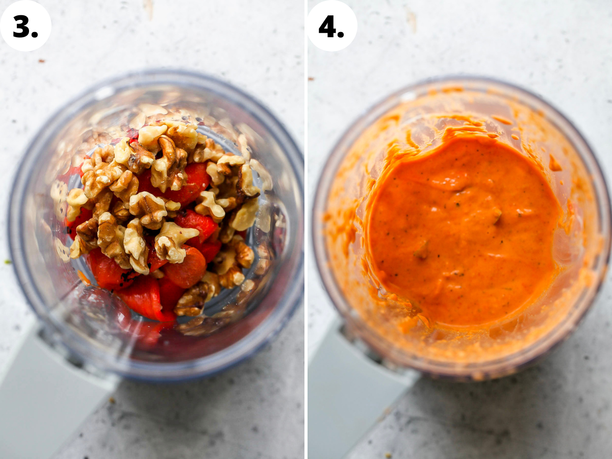Roasted red peppers and walnuts being blended until smooth in a small blender.