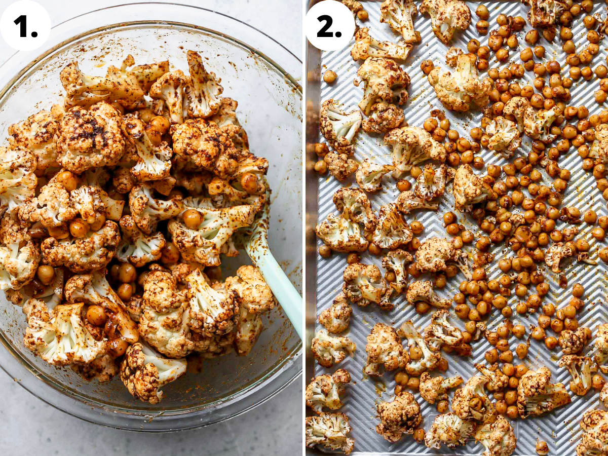 Seasoned cauliflower and chickpeas being roasted on a sheet pan.