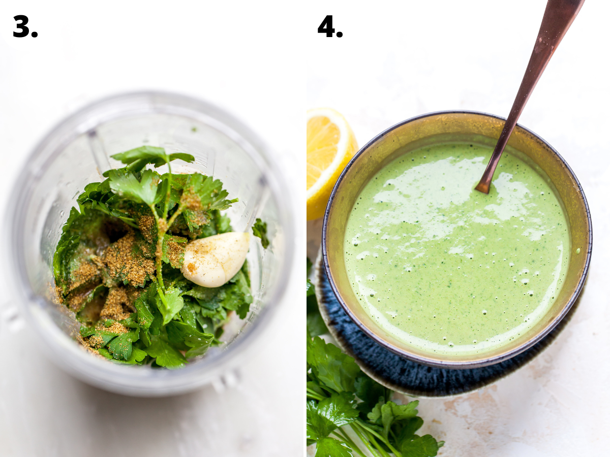 Green tahini sauce being blended in a blender and poured into a small yellow bowl.