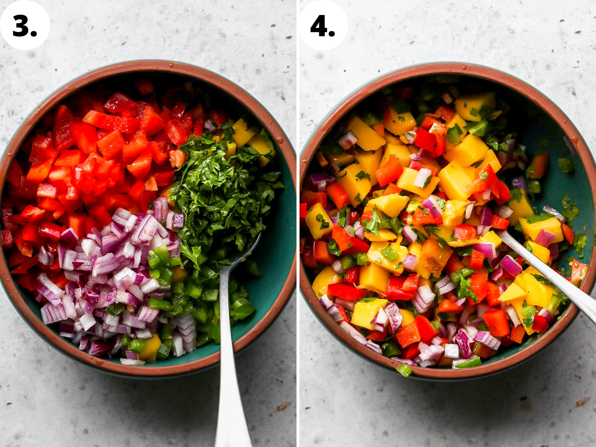 Mango salsa being mixed in a teal bowl.