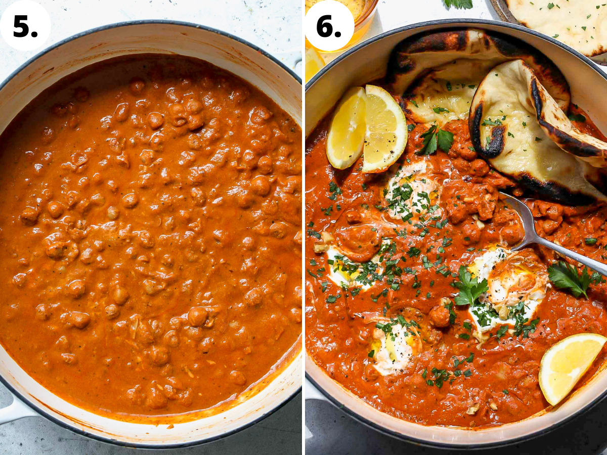 Muhammara chickpeas being simmered in sauce.