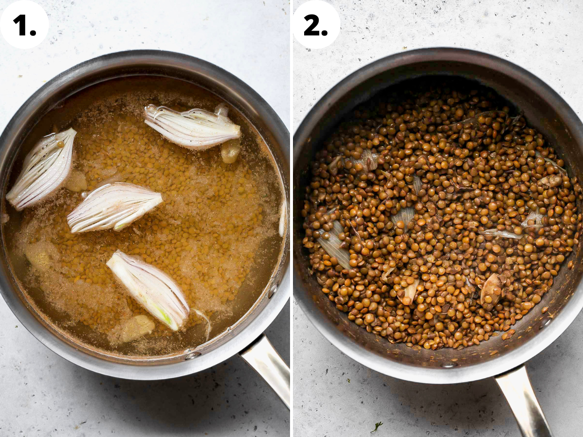Aromatics being sautéed in a pan and lentils being mixed in.