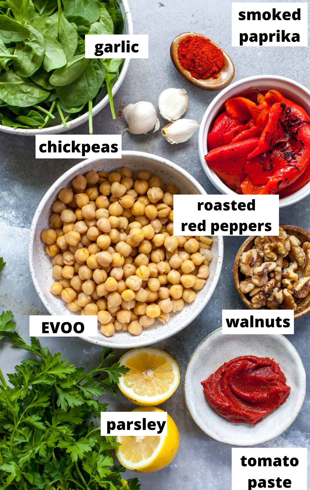 Recipe ingredients in separate bowls with labels arranged on a blue work surface.