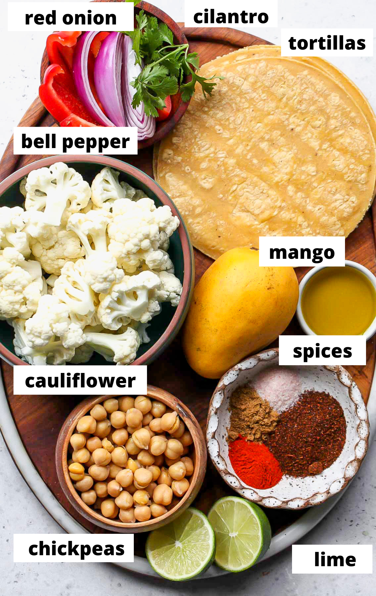 Recipe ingredients arranged on a wooden serving platter with labels.