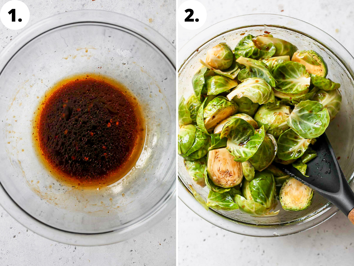Chipotle-balsamic glaze being mixed in a bowl, and tossed with Brussels sprouts.