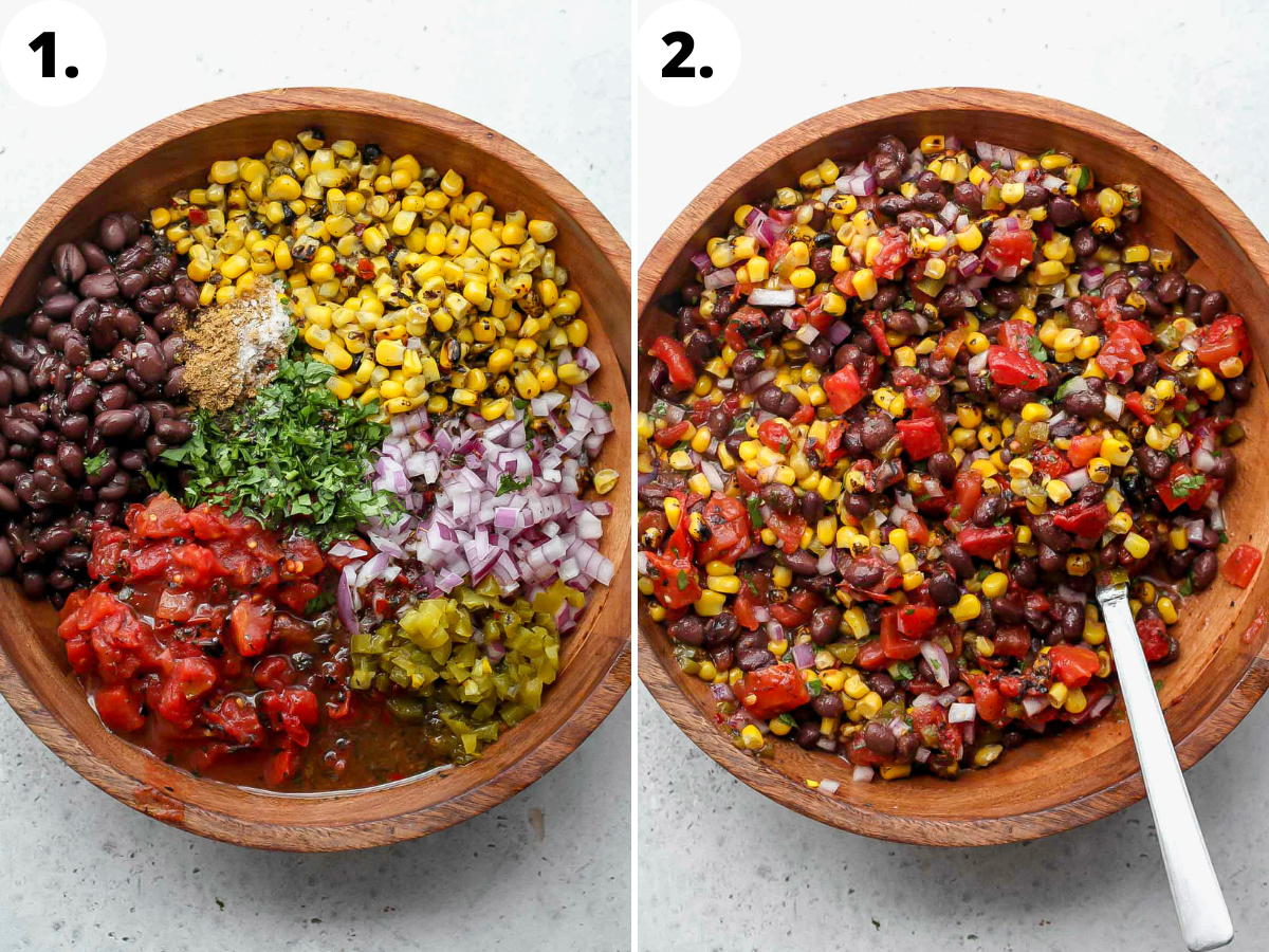 All salsa ingredients being added to a large wooden serving bowl, and tossed to combine.