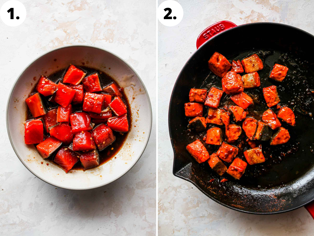 Salmon cubes being marinated and then sautéed in a skillet.
