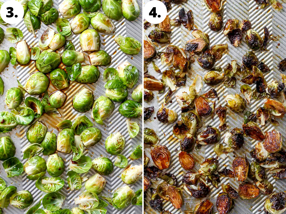 Halved Brussels sprouts being roasted on a sheet pan.