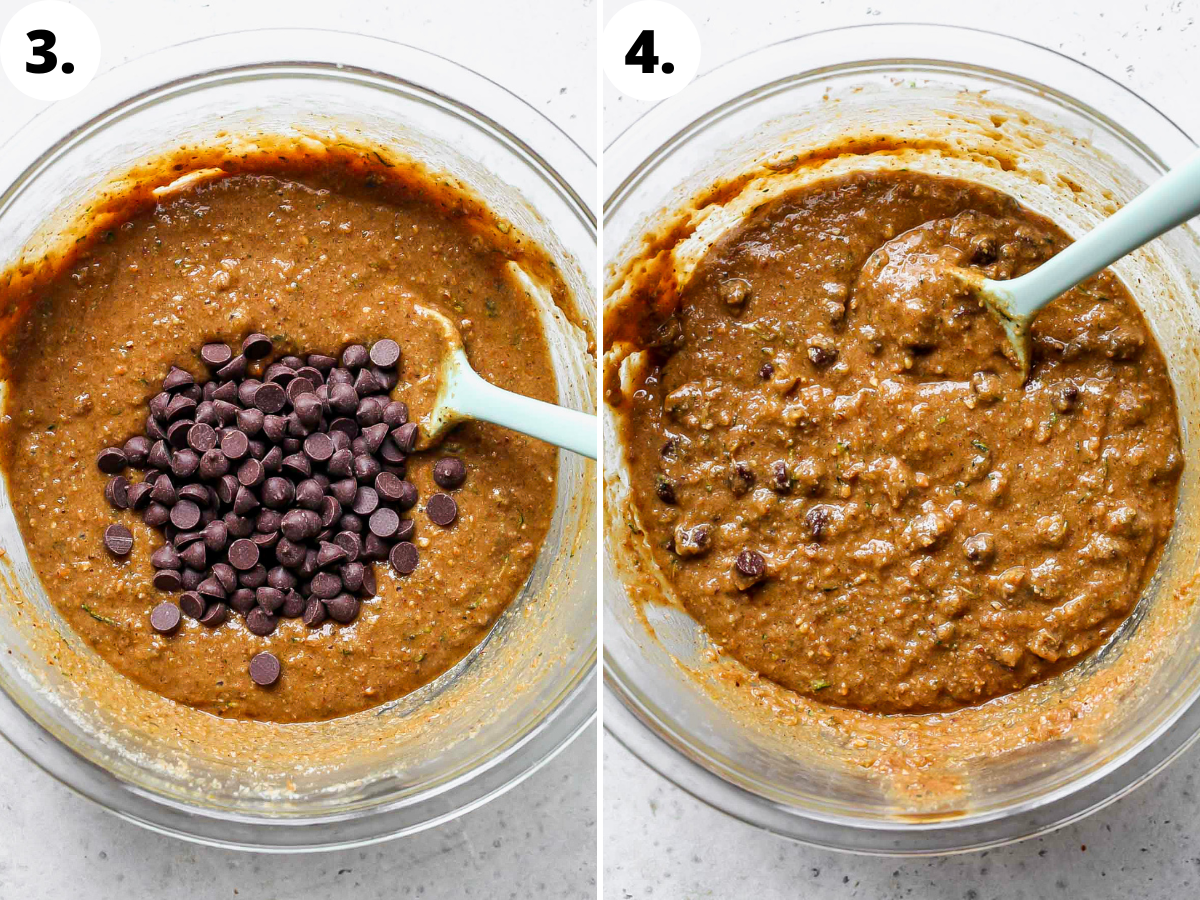 Chocolate chips being mixed into batter.