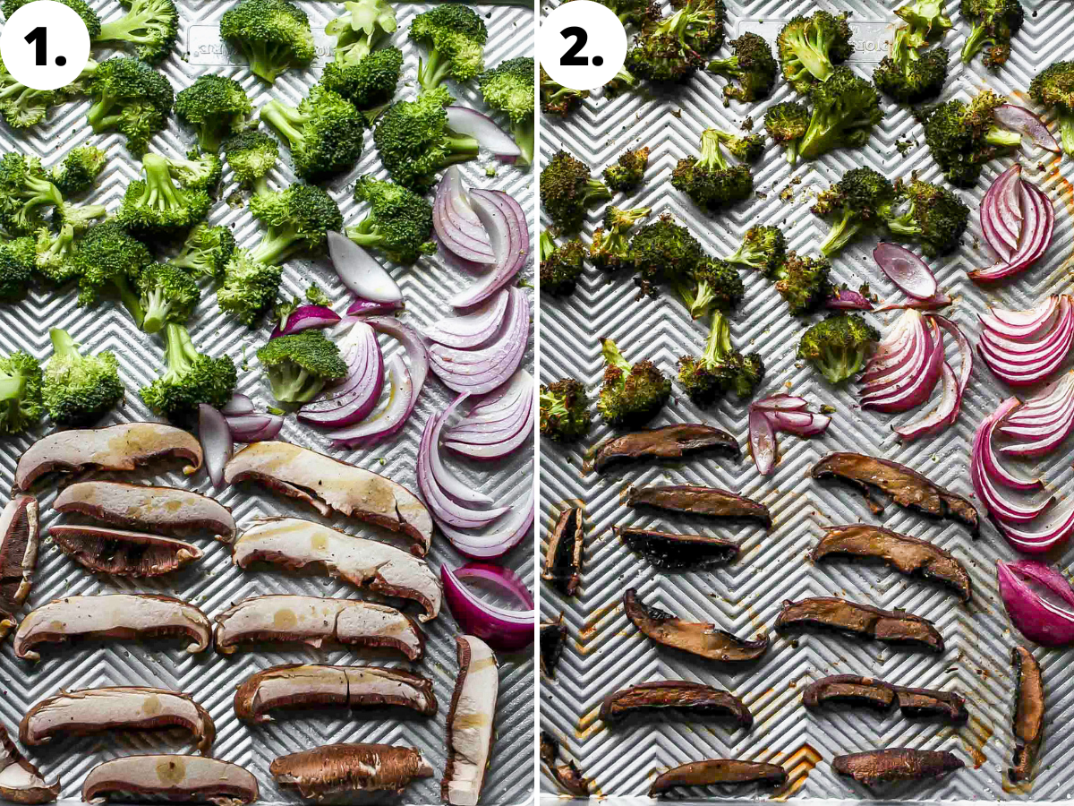 A sheet pan of veggies (broccoli, mushrooms, and onion) roasting until soft.