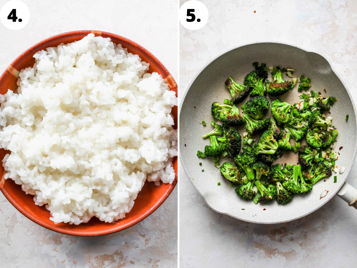 Sushi rice in a bowl next to a skillet of sautéed broccoli.