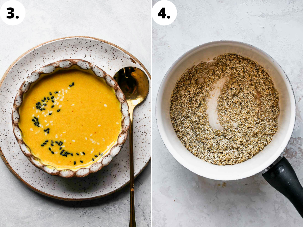 Miso-turmeric dressing being mixed in a white bowl, and quinoa being cooked in a small saucepan.