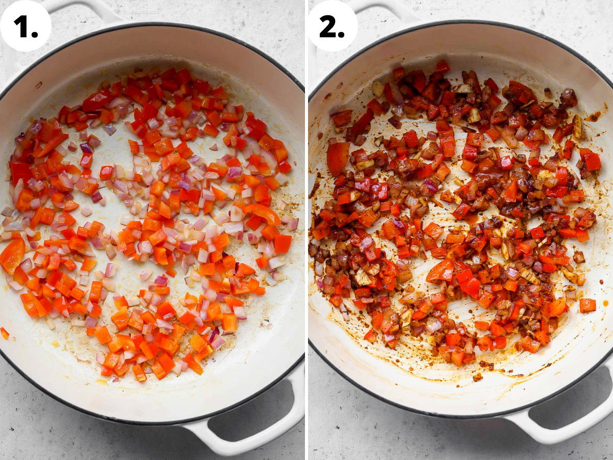 Bell pepper, onion, garlic, and spices being simmered in a large white skillet.