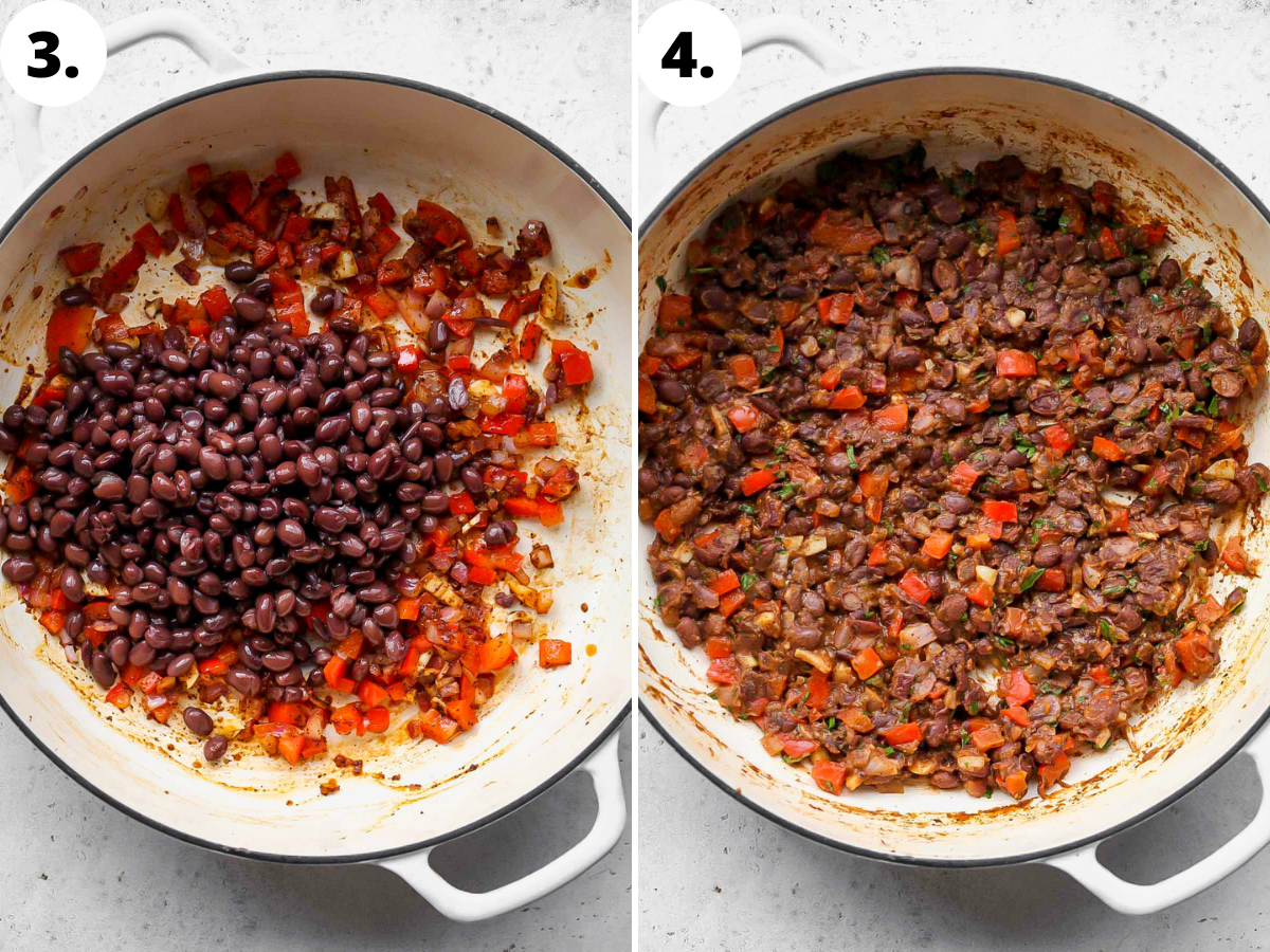 Black beans and broth being added to skillet, and partially mashed.