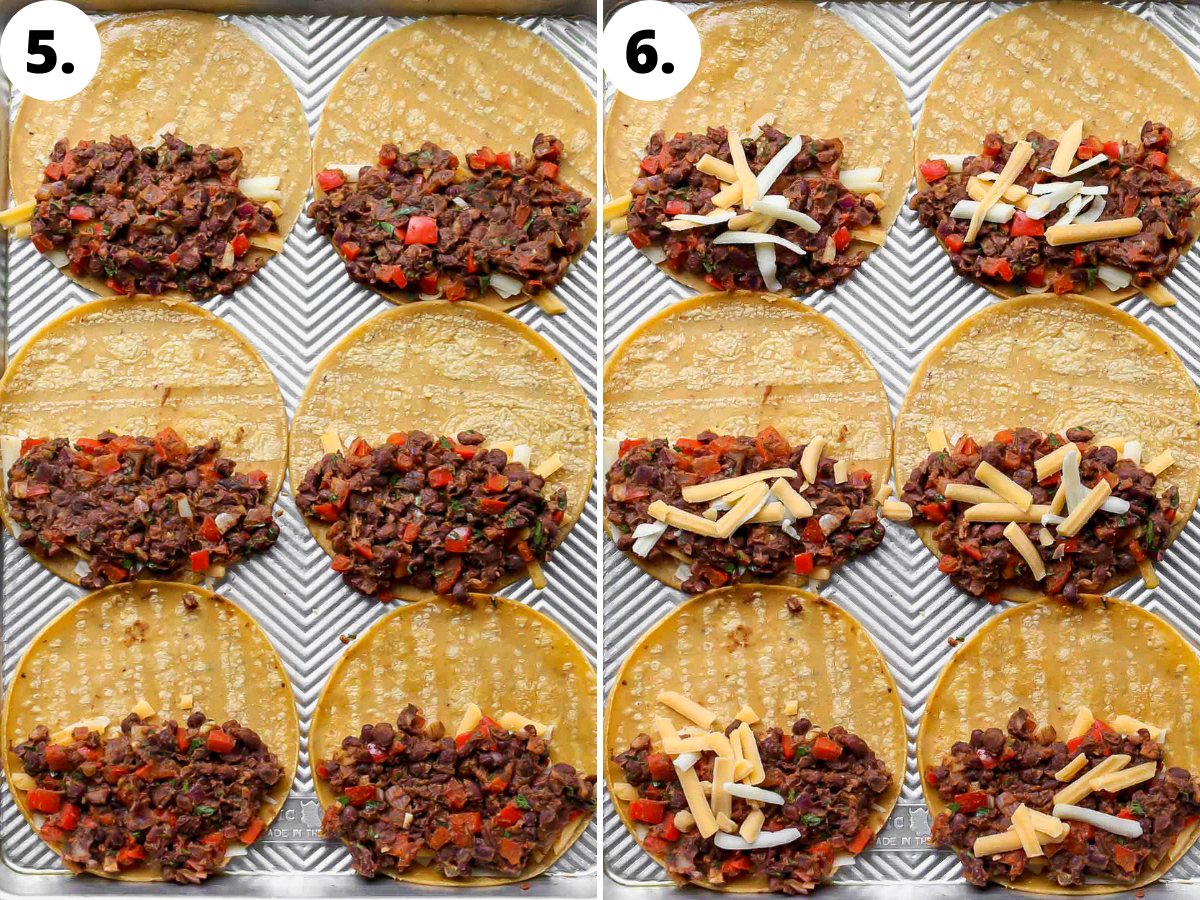 Black bean filling and cheese being added to corn tortillas on a baking sheet.