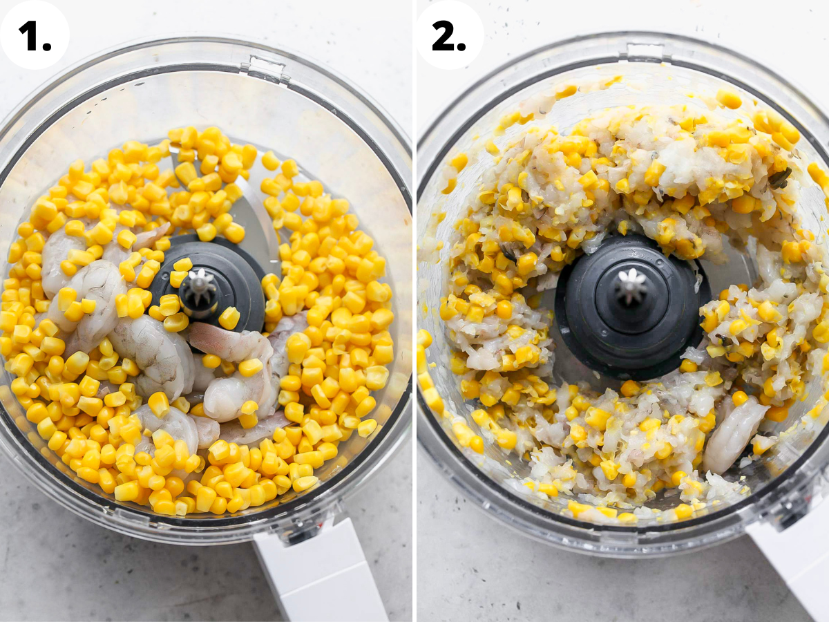 Shrimp and corn being pulsed in a food processor until chopped.