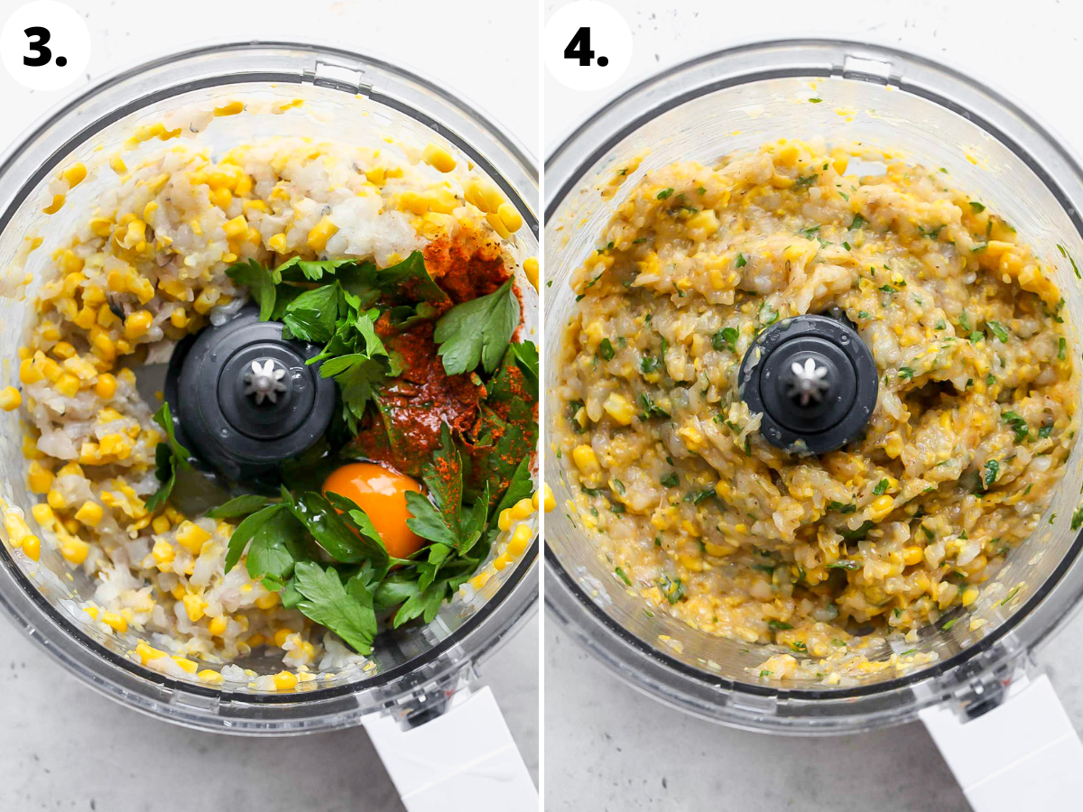 Egg, parsley, and seasoning being added to the food processor.