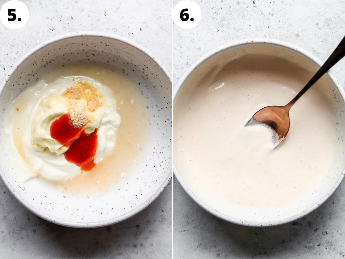 Sriracha sauce being mixed in a white bowl until smooth.