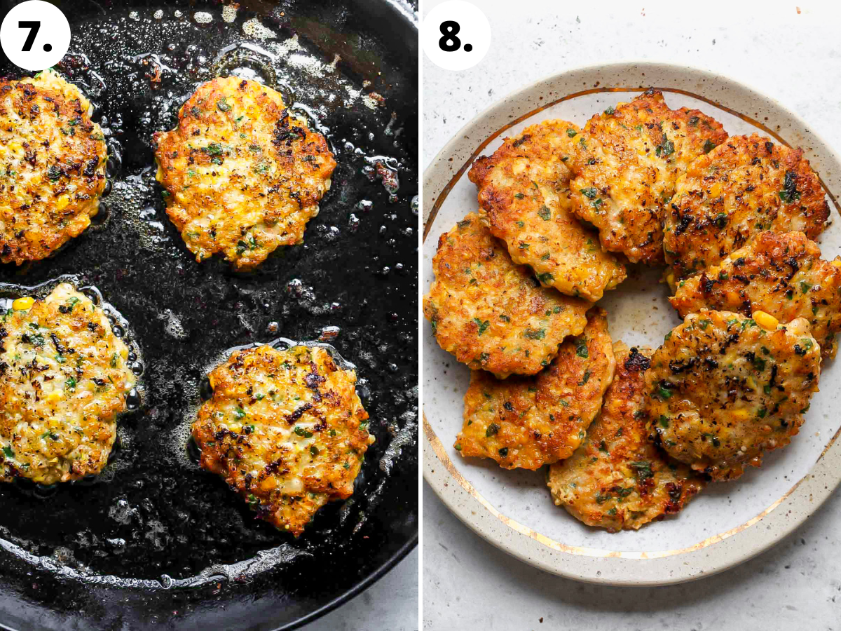 Shrimp cakes being fried in a cast iron skillet and then transferred to a serving plate.