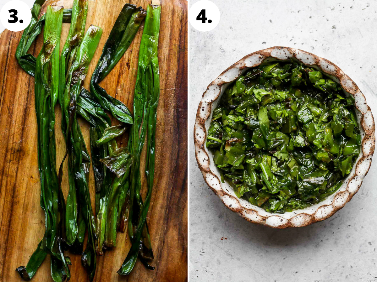 Charred scallions on a cutting board, and chopped in a bowl of salsa verde.